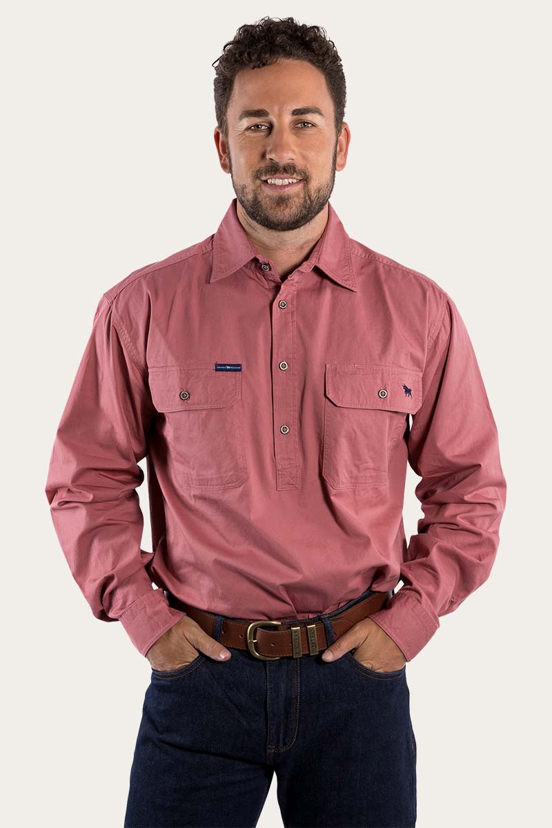 King River Mens Half Button Work Shirt Dusty Rose Ringers Western