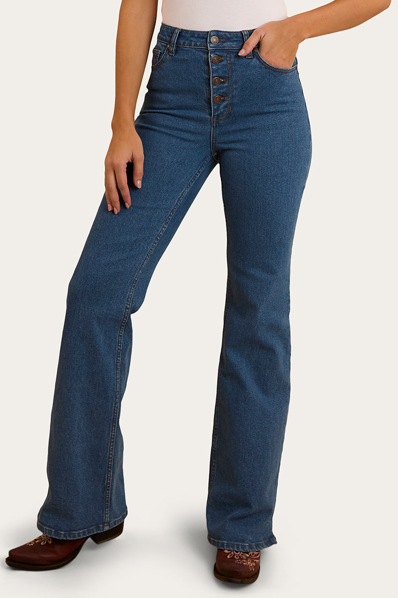 Betsy Womens High Rise Bootleg Jean - Mid Wash Blue