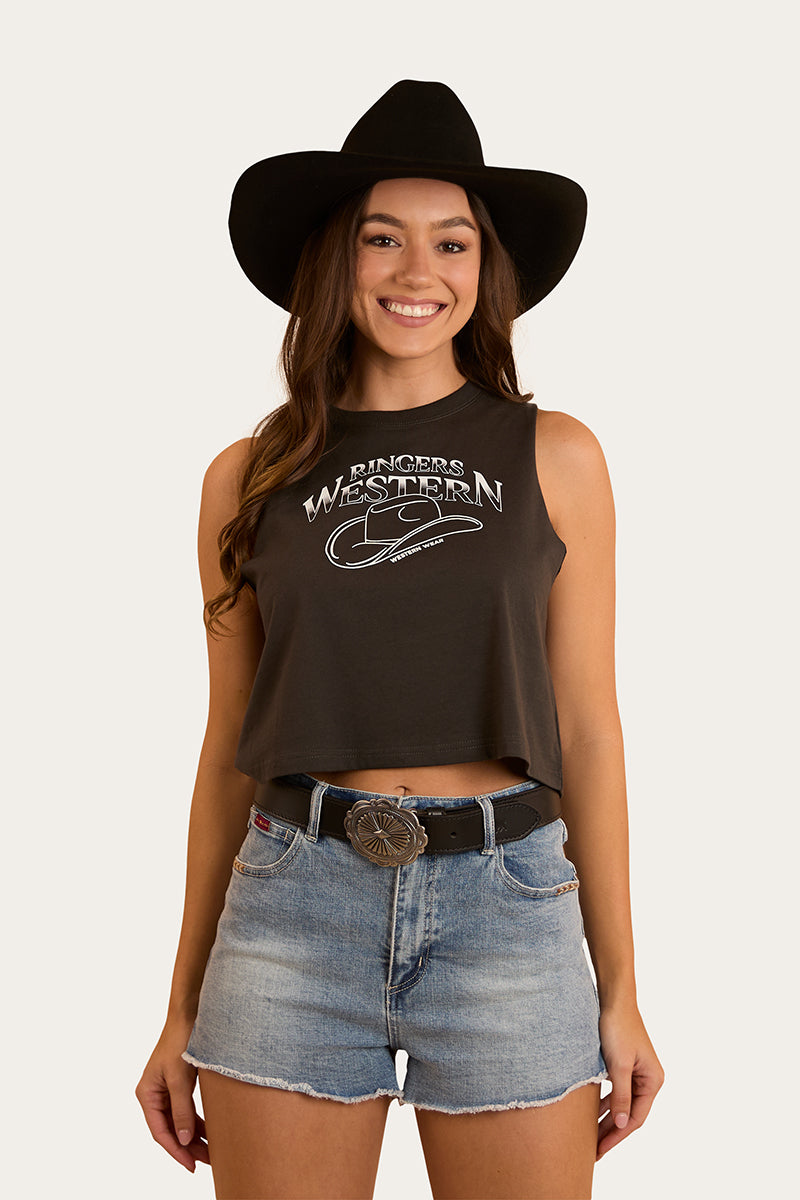 Chasing Cowboys Womens Crop Muscle Tank - Charcoal