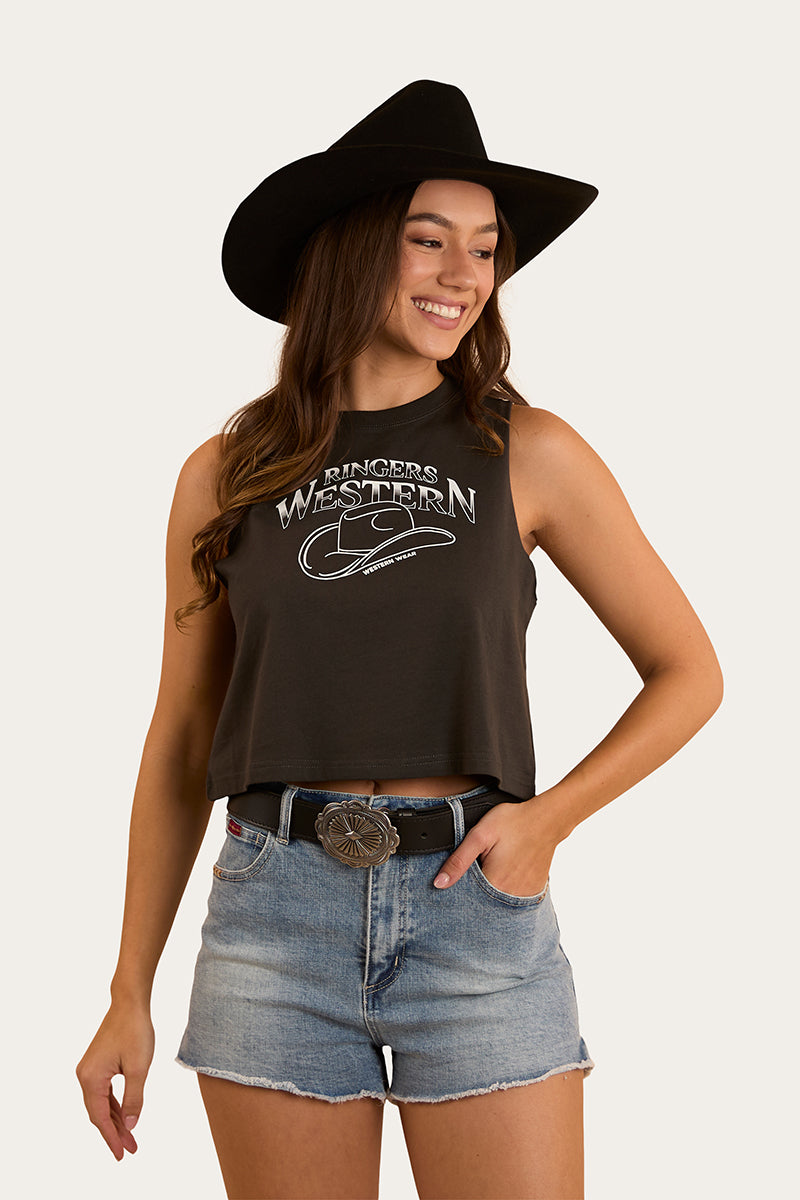 Chasing Cowboys Womens Crop Muscle Tank - Charcoal