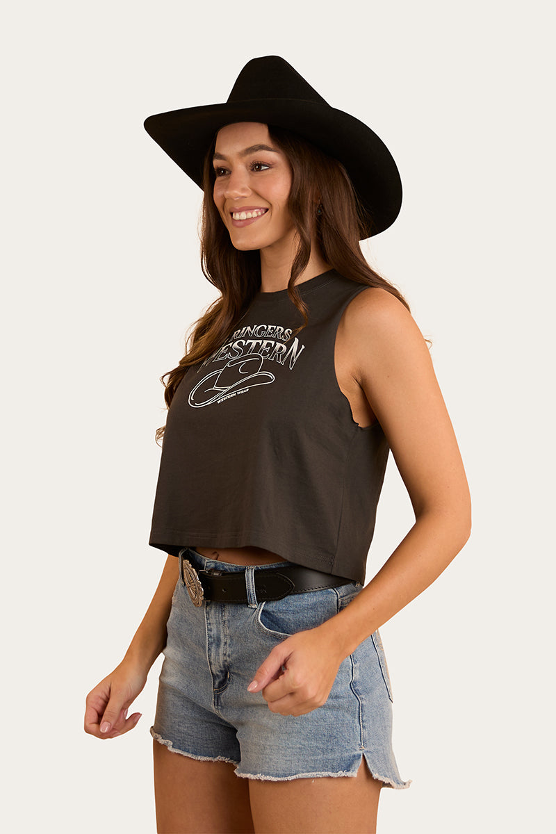 Chasing Cowboys Womens Crop Muscle Tank - Charcoal