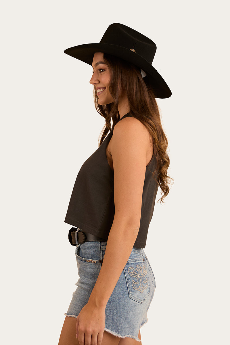 Chasing Cowboys Womens Crop Muscle Tank - Charcoal