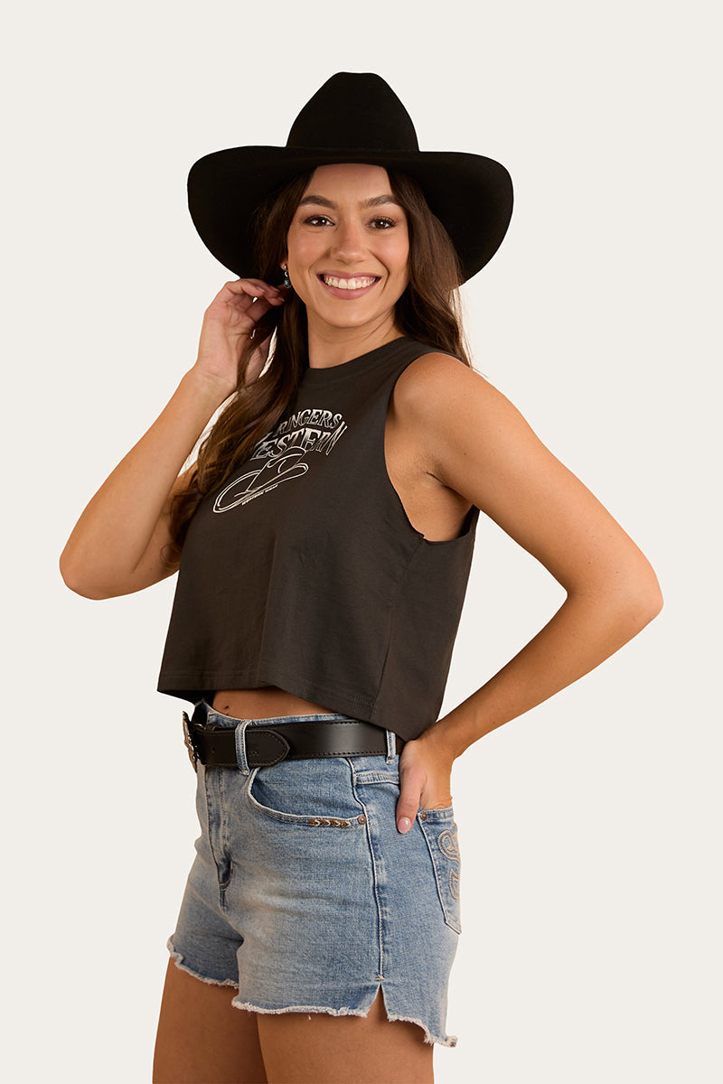 Chasing Cowboys Womens Crop Muscle Tank - Charcoal