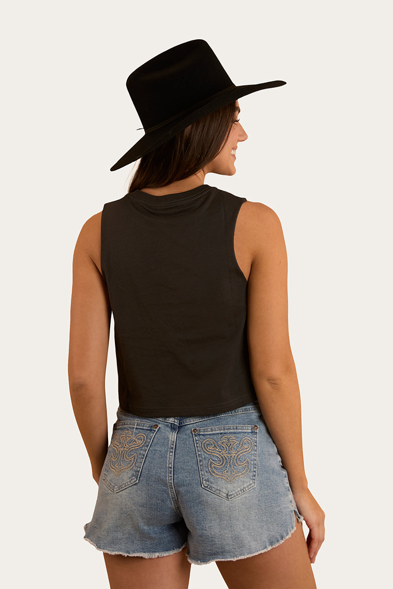 Chasing Cowboys Womens Crop Muscle Tank - Charcoal