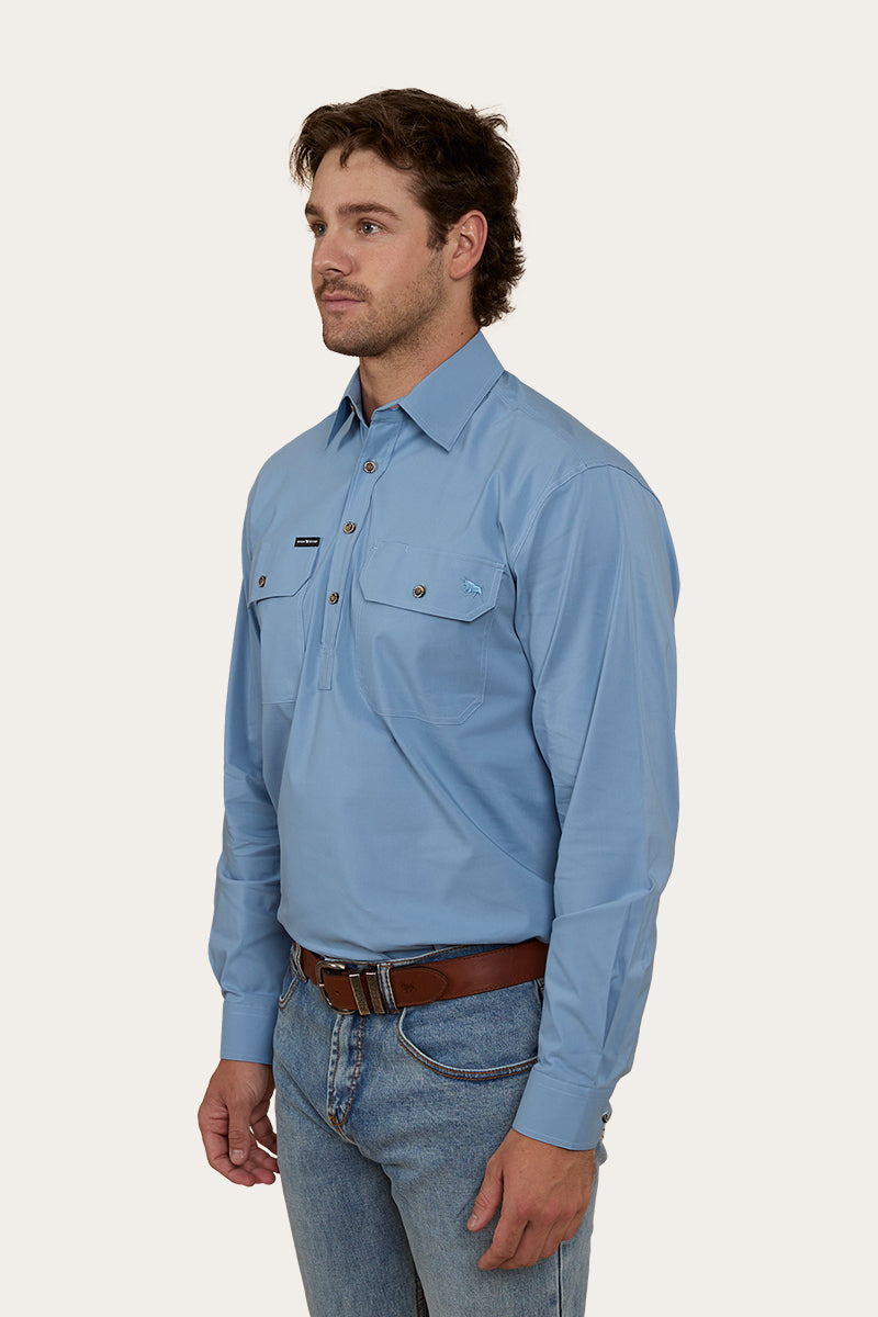 King River Mens Half Button Coolmax Work Shirt - Denim Blue