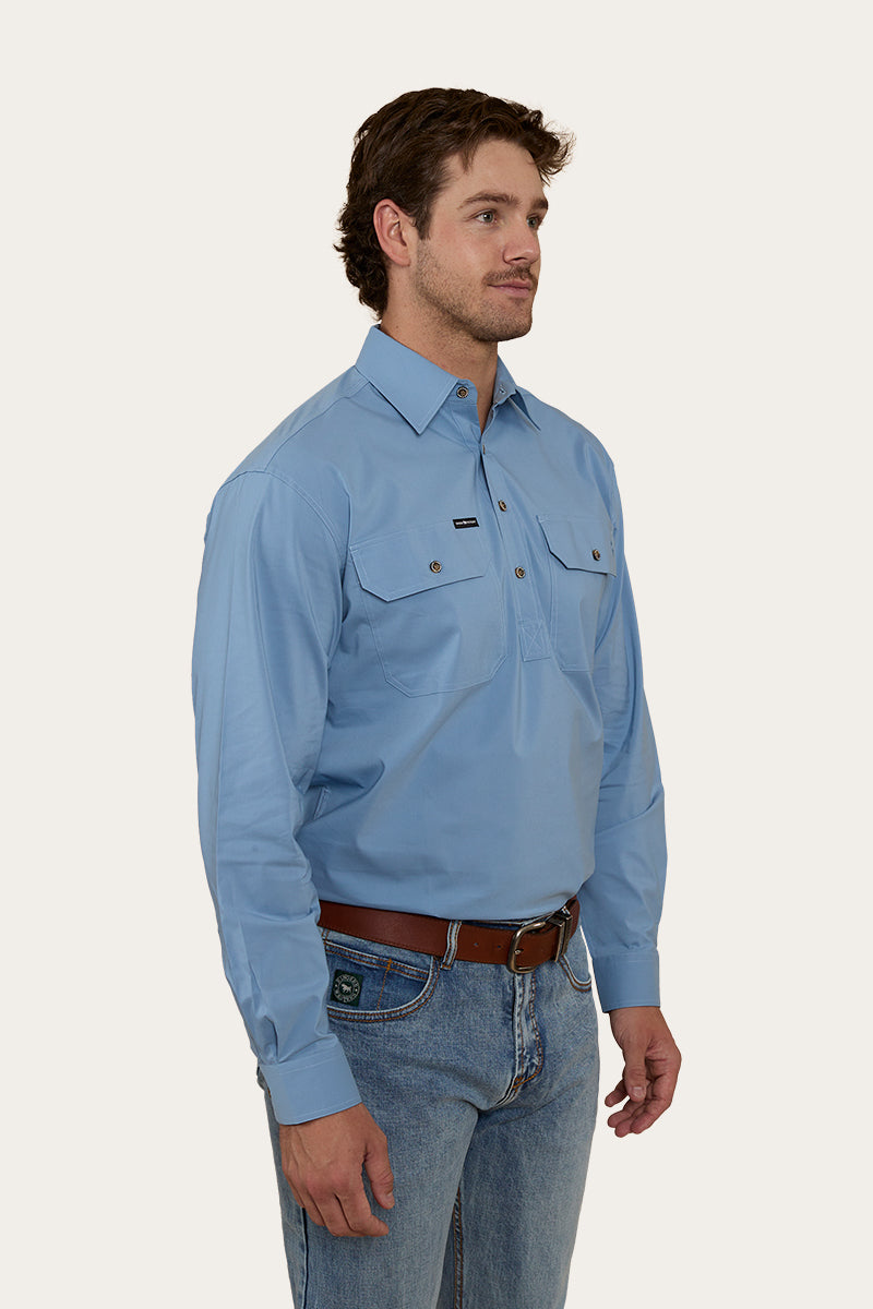 King River Mens Half Button Coolmax Work Shirt - Denim Blue