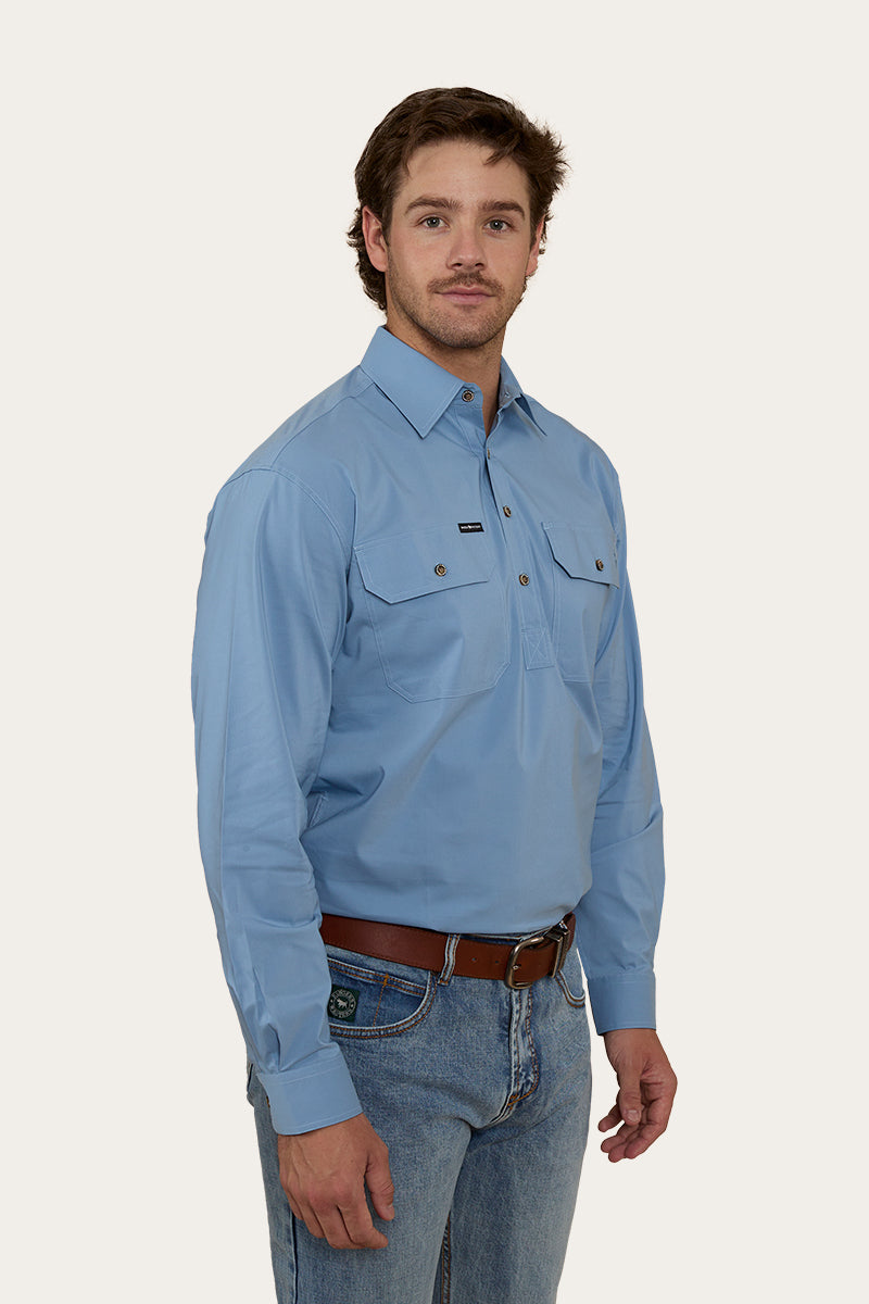 King River Mens Half Button Coolmax Work Shirt - Denim Blue