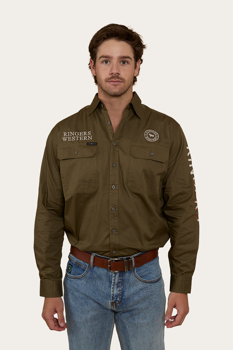 Hawkeye Flag Mens Full Button Work Shirt - Military Green