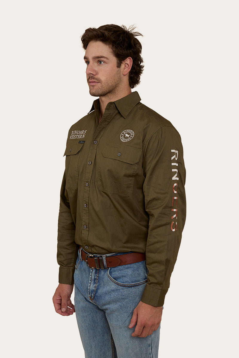 Hawkeye Flag Mens Full Button Work Shirt - Military Green