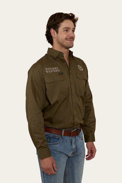 Hawkeye Flag Mens Full Button Work Shirt - Military Green