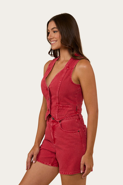 Saige Womens Denim Vest - Red