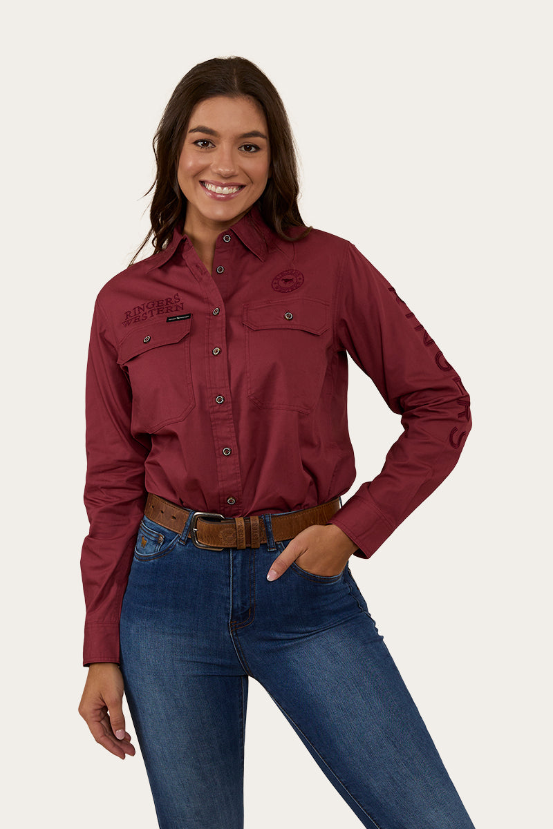 Signature Jillaroo Womens Full Button Work Shirt - Cedar/Burgundy