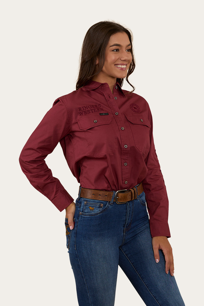 Signature Jillaroo Womens Full Button Work Shirt - Cedar/Burgundy