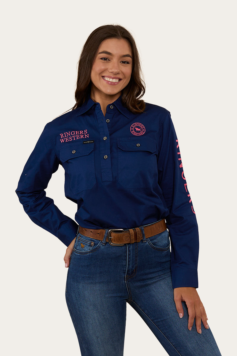 Signature Jillaroo Womens Half Button Work Shirt - Navy/Melon