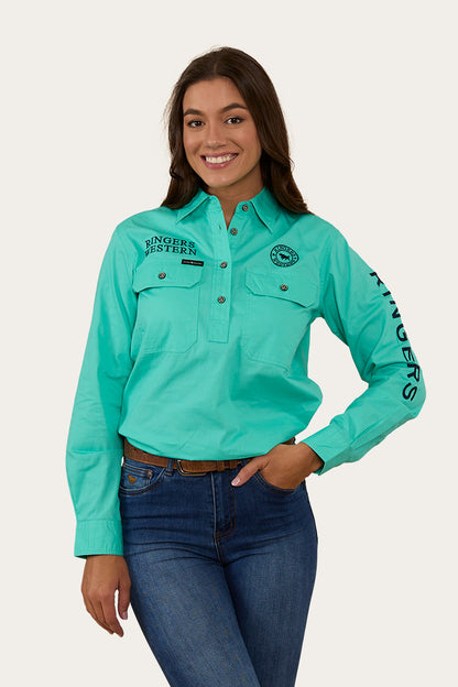 Signature Jillaroo Womens Half Button Work Shirt - Mint/Navy