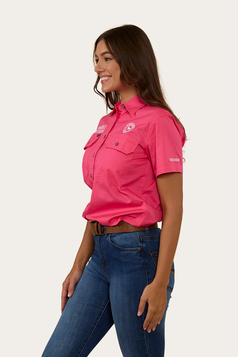 Signature Jillaroo Womens Full Button Short Sleeve Work Shirt - Melon / White