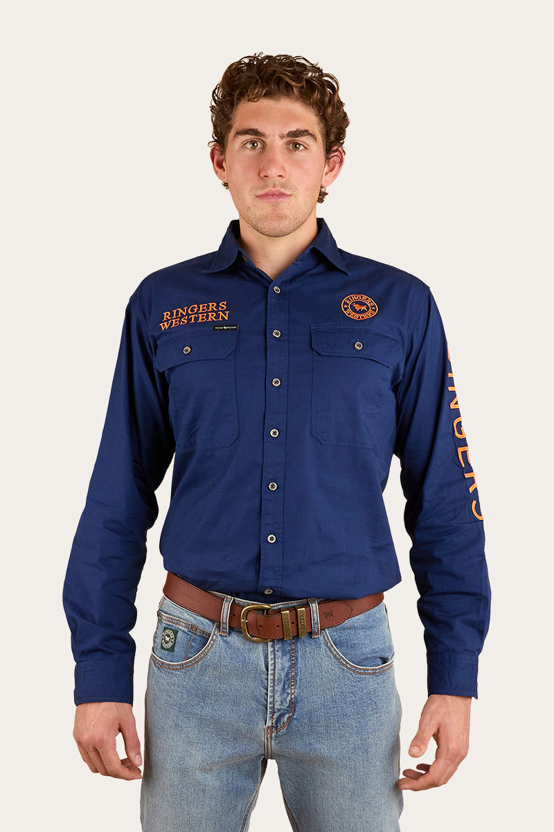 Hawkeye Mens Full Button Work Shirt - Navy/Orange