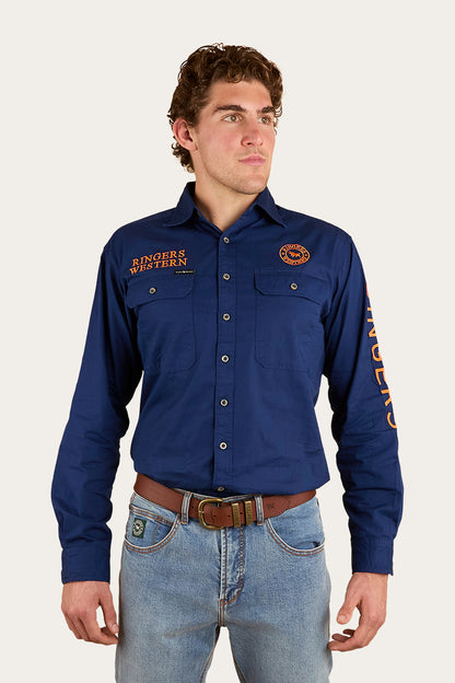 Hawkeye Mens Full Button Work Shirt - Navy/Orange