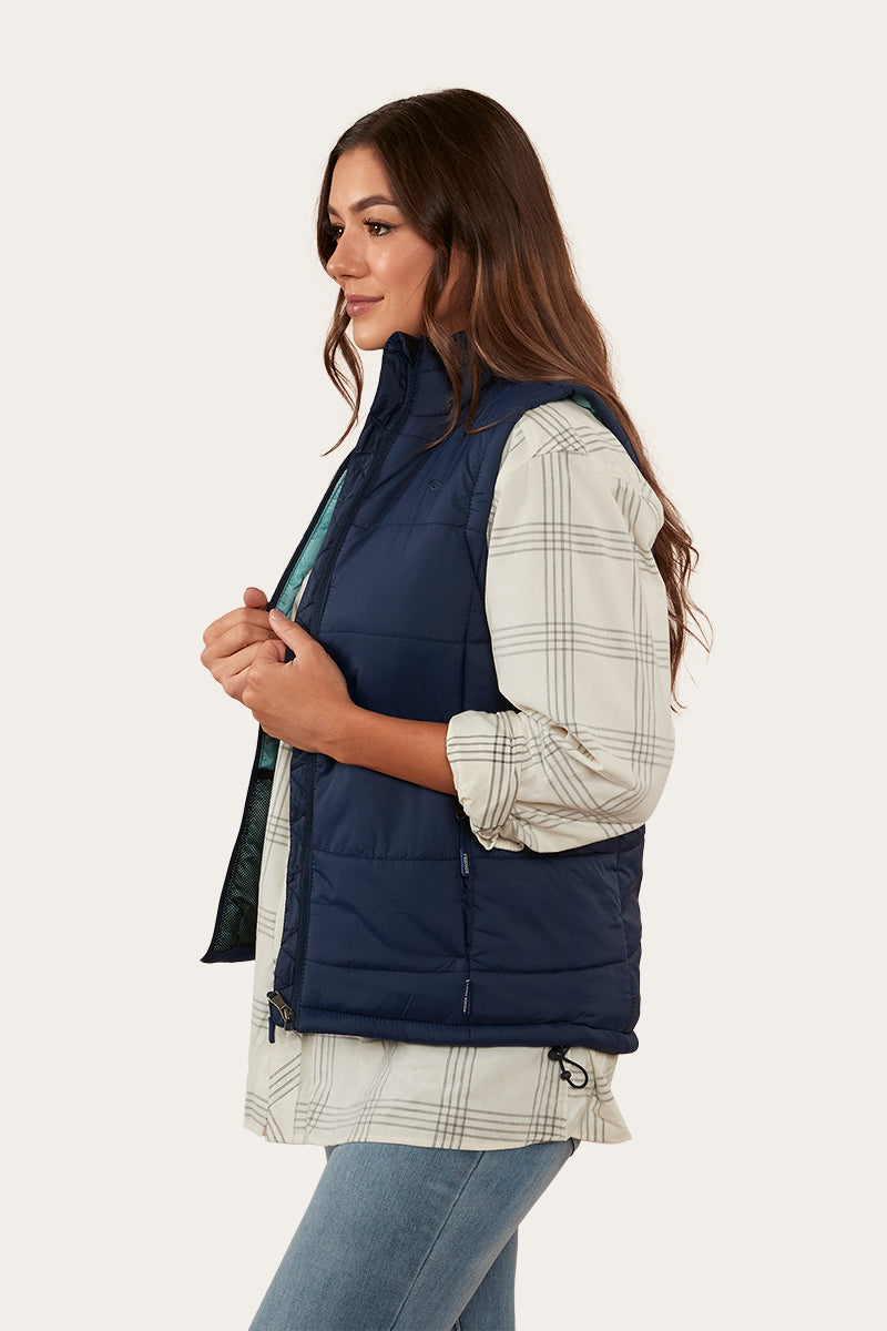 Womens Navy Blue Hooded Quilted Vest  HAL89  Luxahaus Beyond