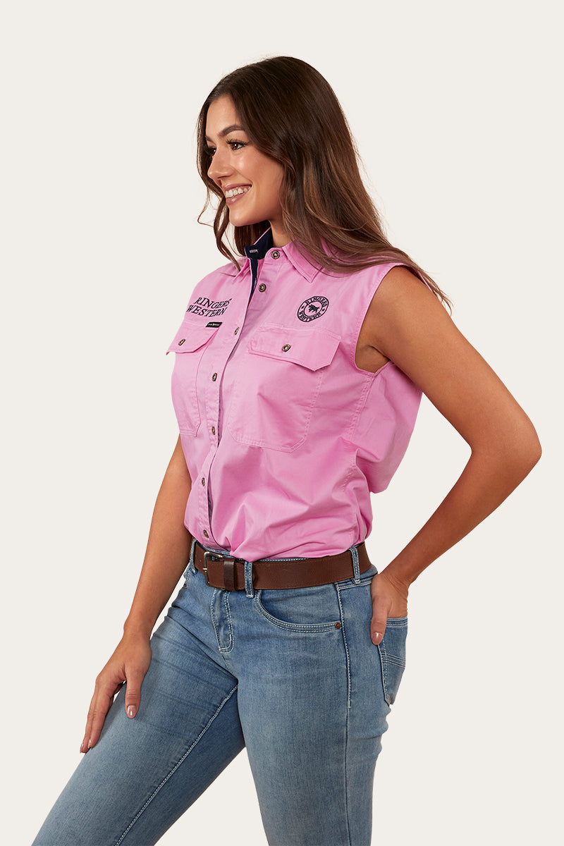 Signature Jillaroo Womens Sleeveless Work Shirt - Pastel Pink/Navy