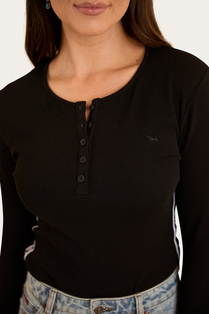 Laila Womens Long Sleeve Rib Top - Black