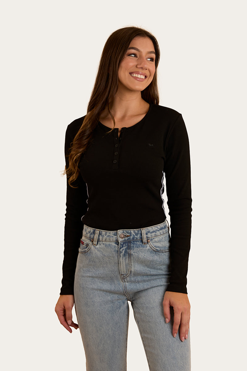 Laila Womens Long Sleeve Rib Top - Black