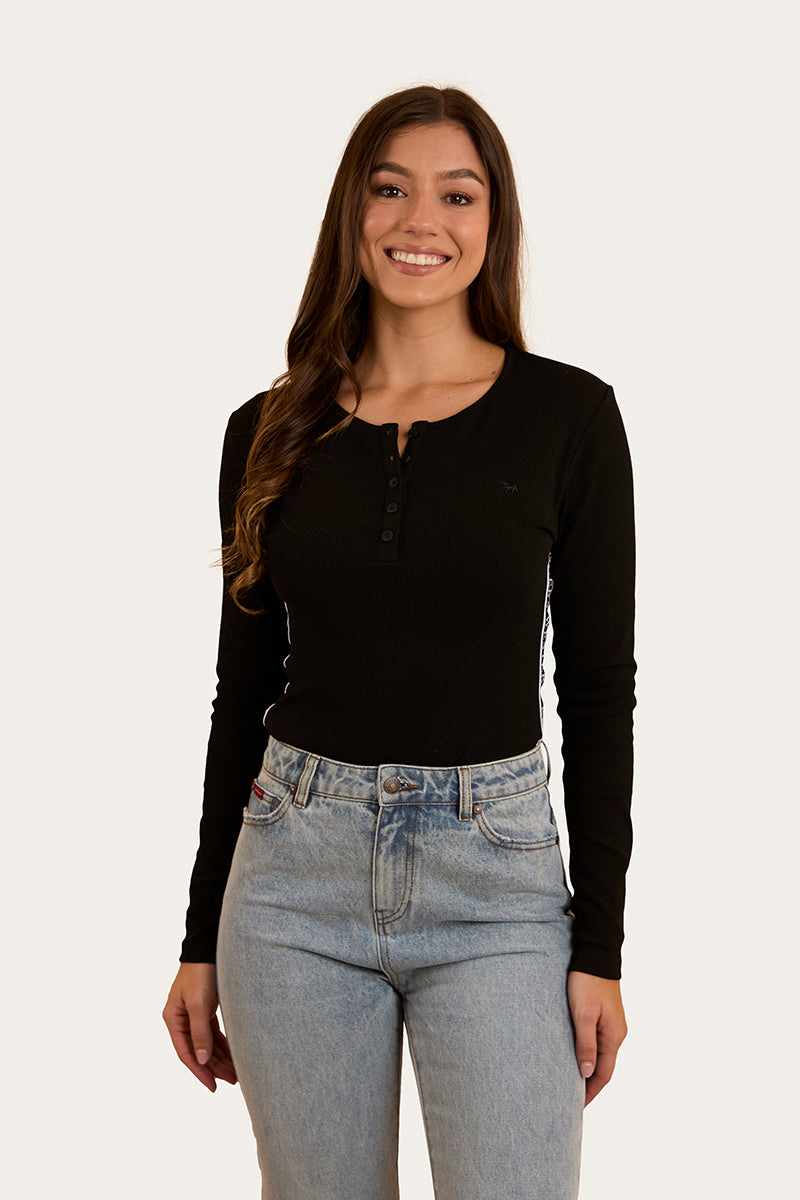 Laila Womens Long Sleeve Rib Top - Black