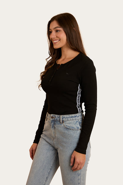 Laila Womens Long Sleeve Rib Top - Black