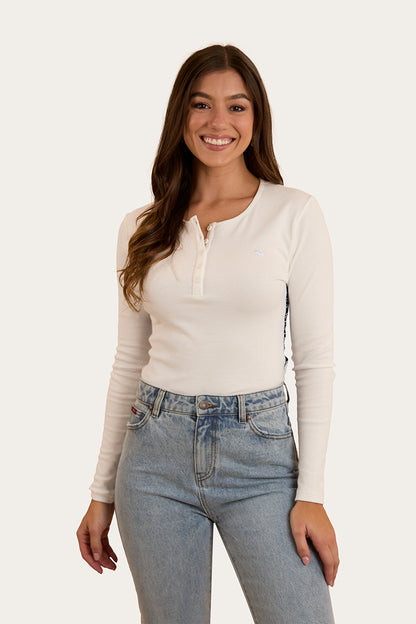 Laila Womens Long Sleeve Rib Top - White