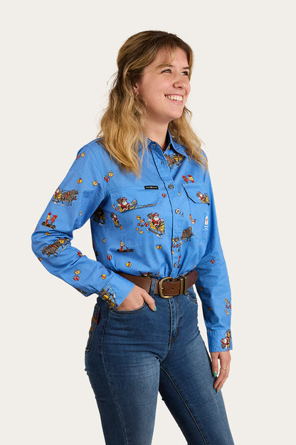 Limited Edition Womens Full Button Work Shirt - Xmas - Blue