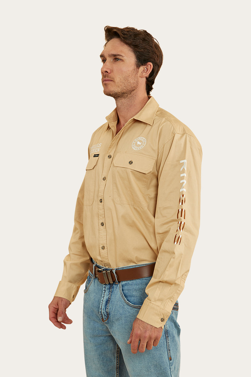 Hawkeye Flag Mens Full Button Work Shirt - Dark Sand