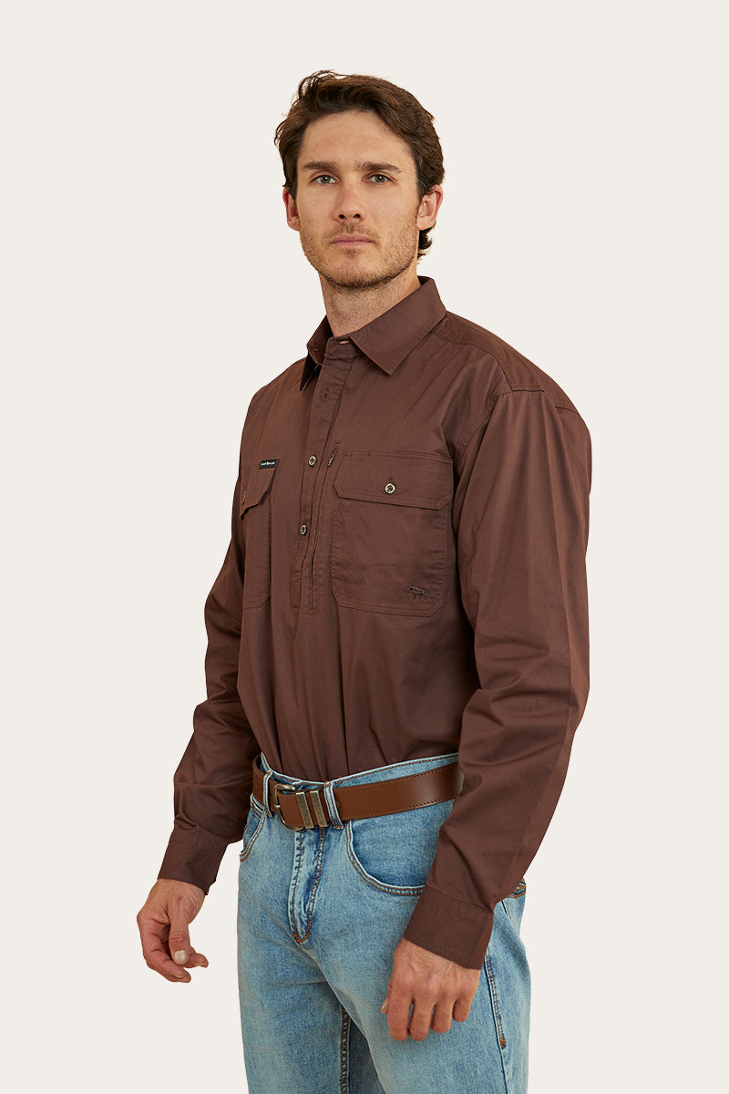 Tempest Mens Half Button Work Shirt - Chocolate