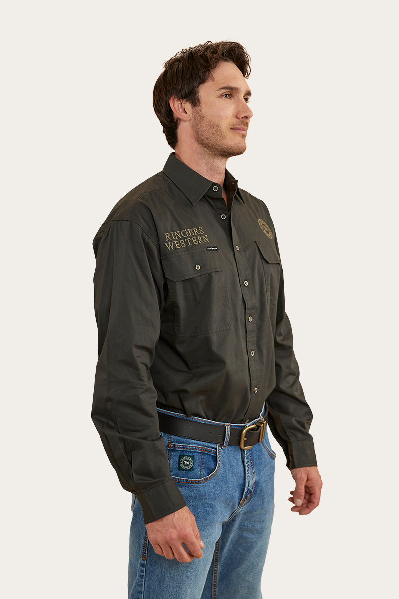 Hawkeye Mens Full Button Work Shirt - Charcoal/Military Green