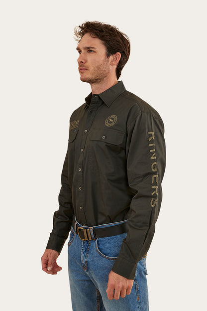 Hawkeye Mens Full Button Work Shirt - Charcoal/Military Green