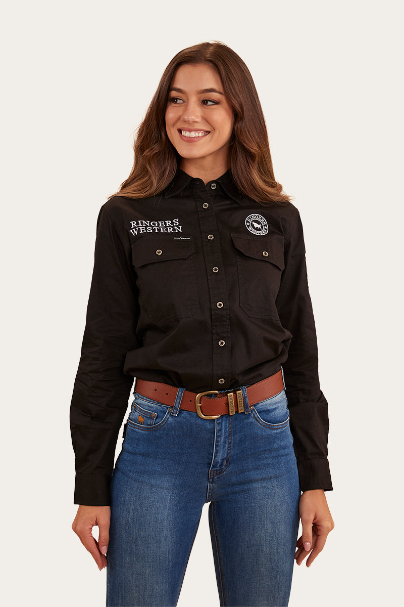 Signature Jillaroo Flag Womens Full Button Work Shirt - Black