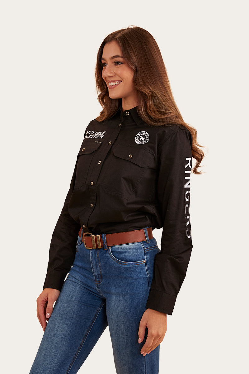 Signature Jillaroo Flag Womens Full Button Work Shirt - Black