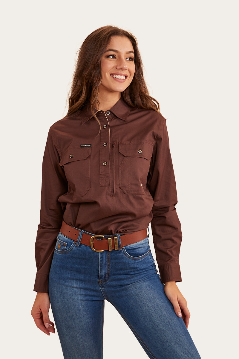 Herefords Womens Half Button Work Shirt - Chocolate/Dark Sand