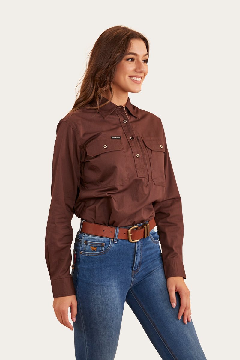 Herefords Womens Half Button Work Shirt - Chocolate/Dark Sand