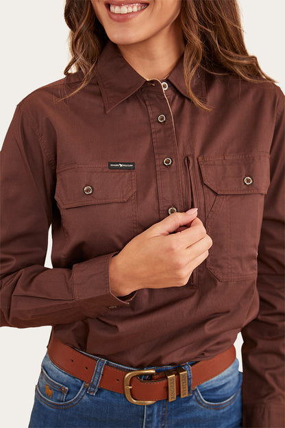 Herefords Womens Half Button Work Shirt - Chocolate/Dark Sand