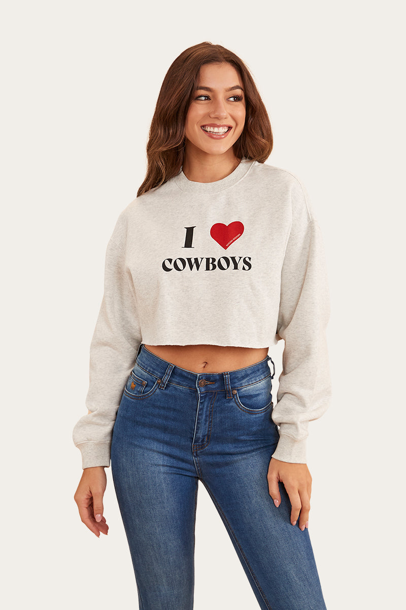 I Heart Cowboys Womens Crop Crew - Light Grey Marle