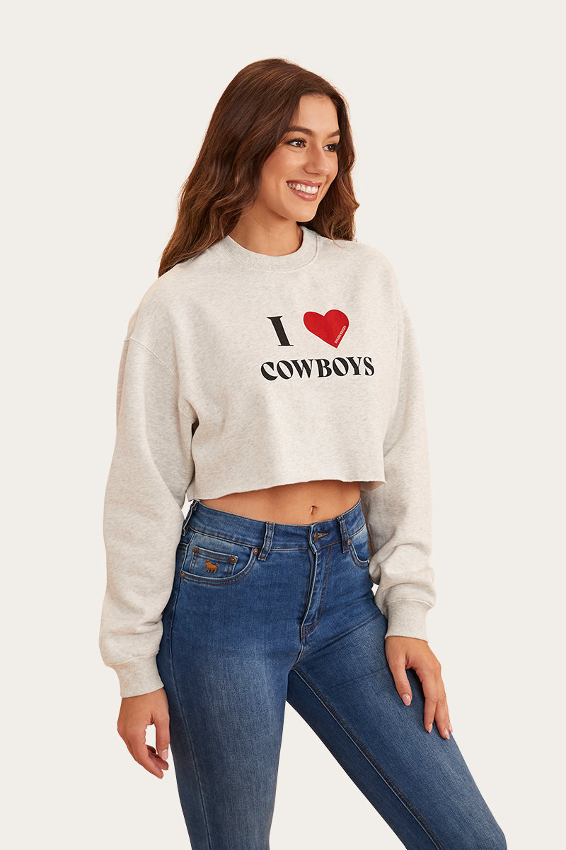 I Heart Cowboys Womens Crop Crew - Light Grey Marle