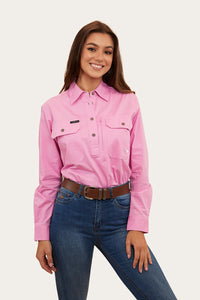 Herefords Womens Half Button Work Shirt - Pastel Pink/Beige