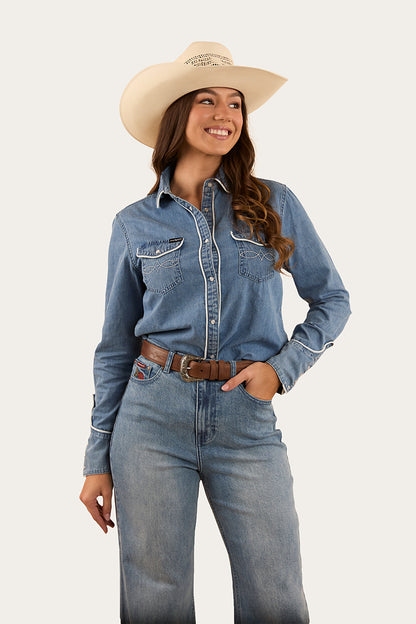 Eddie Womens Western Shirt - Light Wash Blue