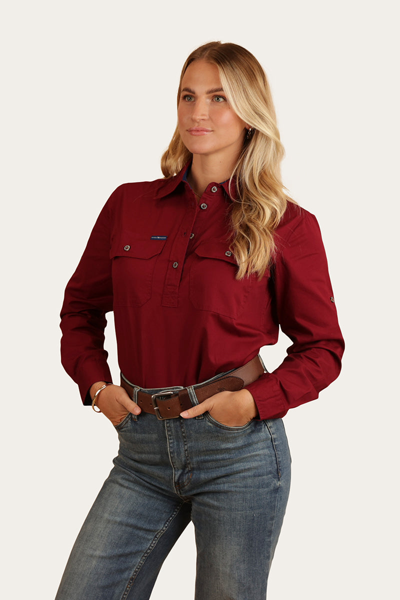 Pentecost River Womens Half Button Work Shirt - Burgundy