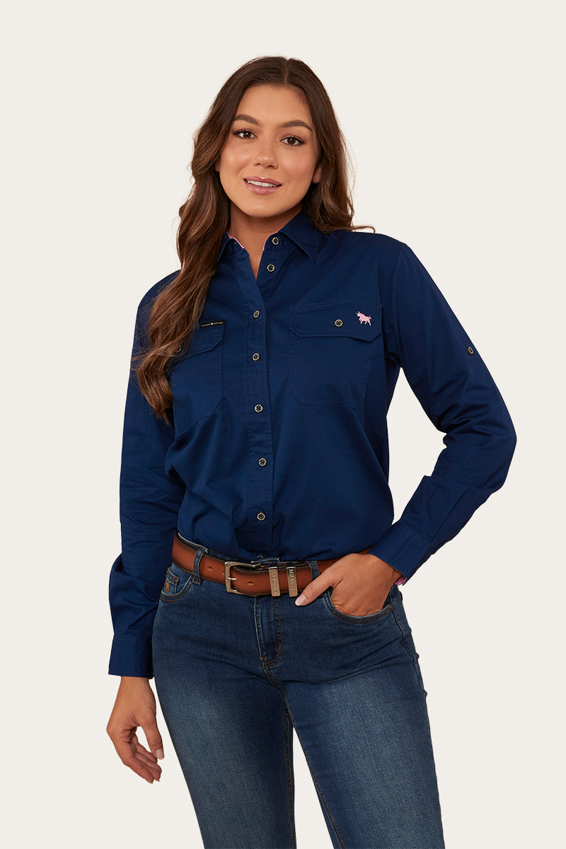 Pentecost River Womens Full Button Work Shirt - Navy/Pastel Pink