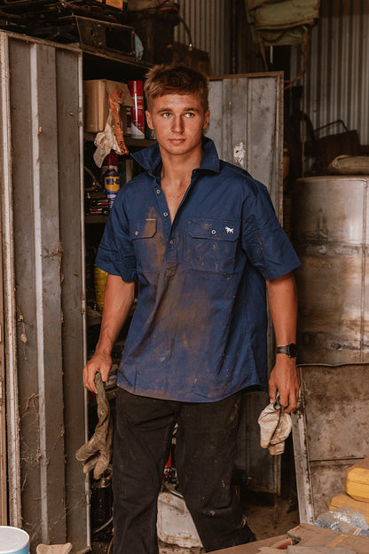 Pack Saddle Mens Short Sleeve Half Button Work Shirt - Navy