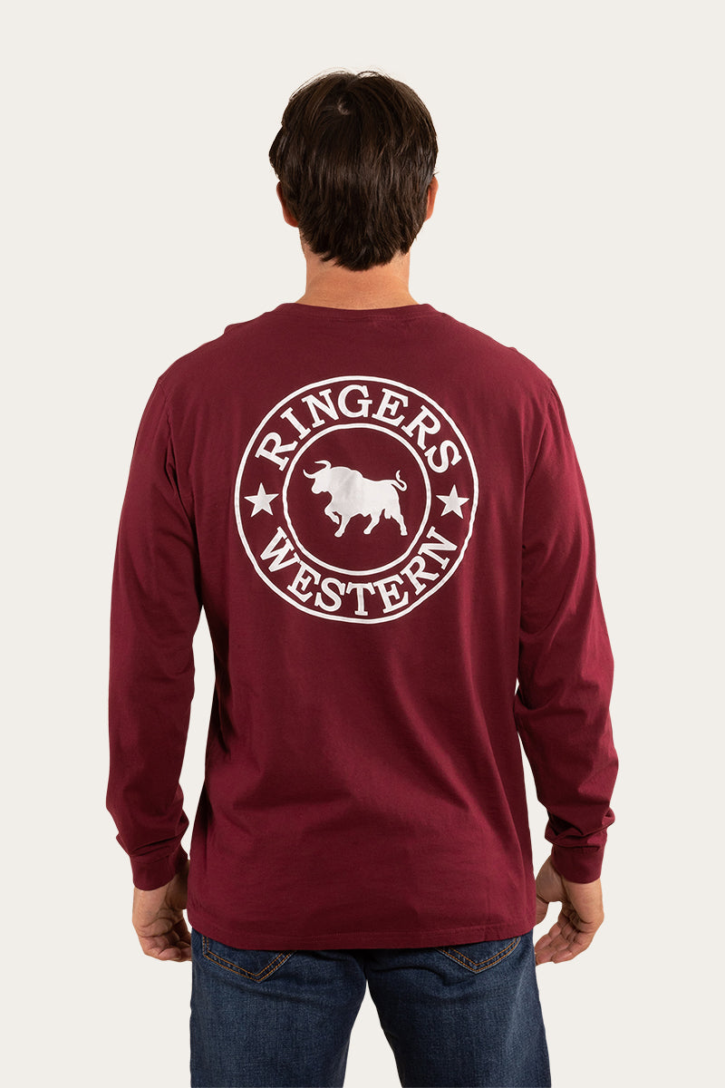 Signature Bull Mens Loose Fit Long Sleeve T-Shirt - Burgundy/White