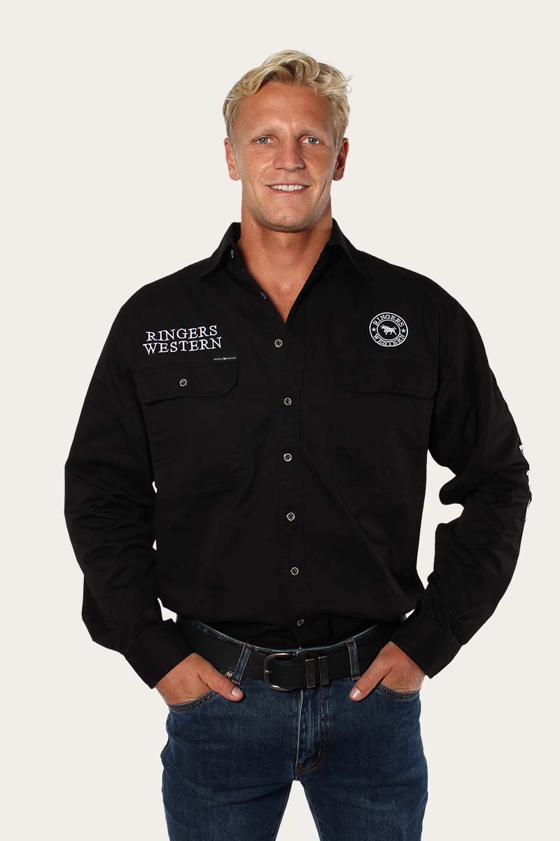 Hawkeye Mens Full Button Work Shirt - Black/White