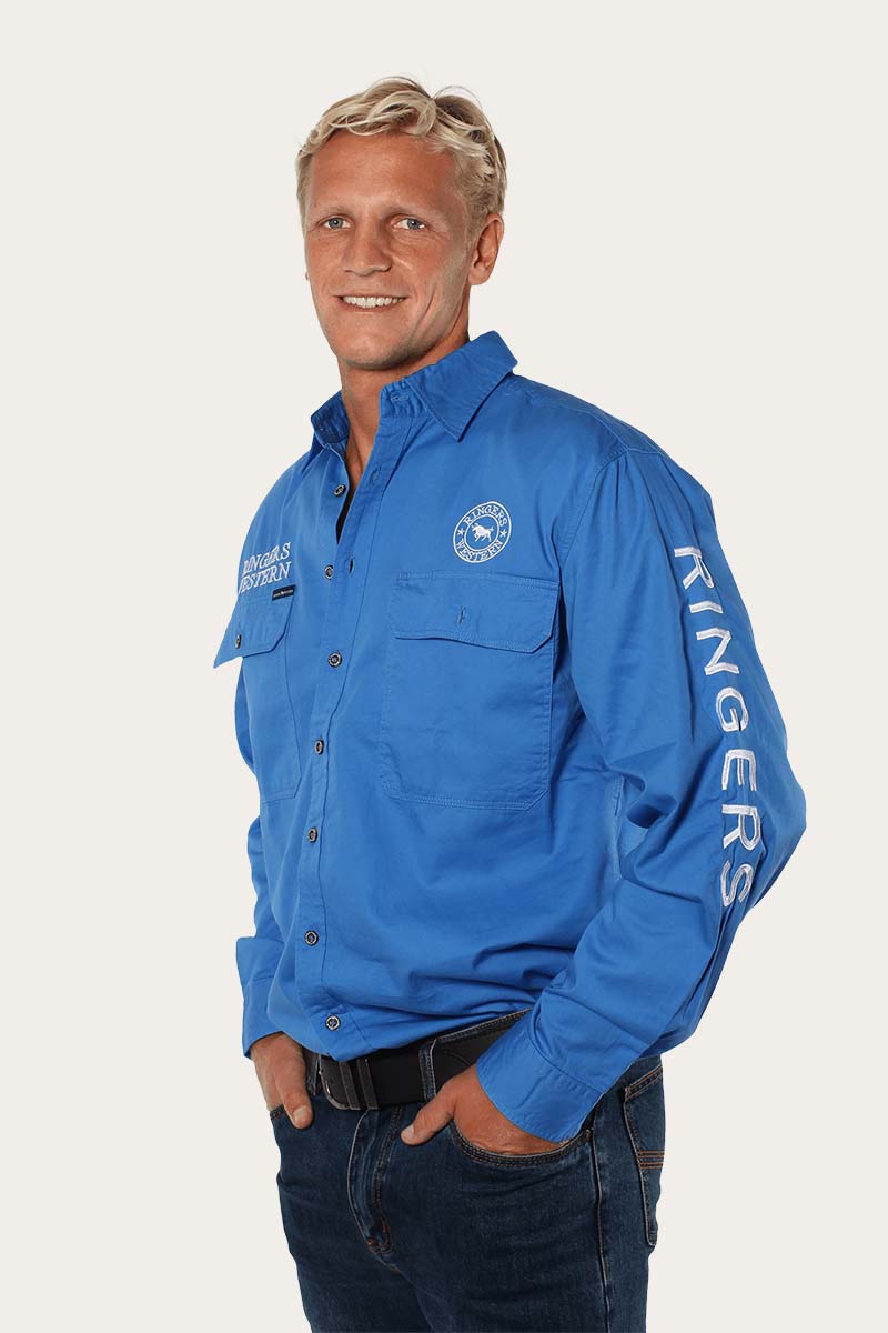 Hawkeye Mens Full Button Work Shirt - Blue/White