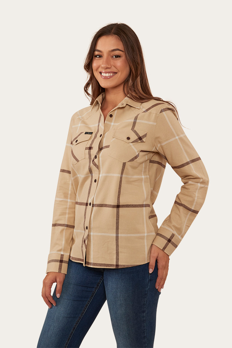 Junee Womens Flanno Semi Fitted Shirt - Dark Sand/Chocolate